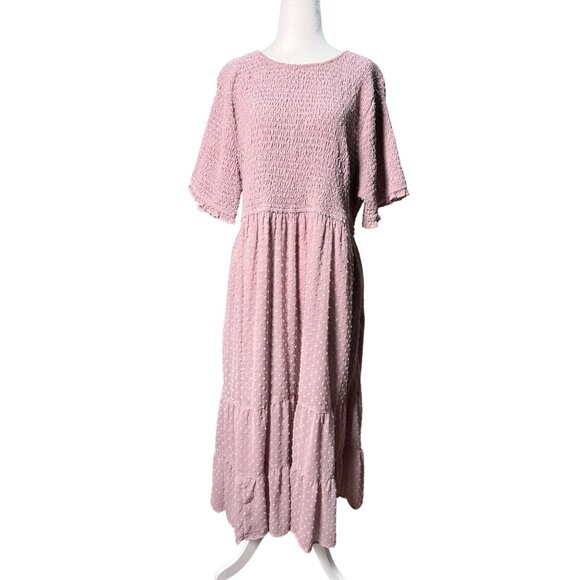 NEW Kervology Short Sleeve Smocked Maxi Dress 2XL Pink Super Stretch Pockets - Picture 2 of 12
